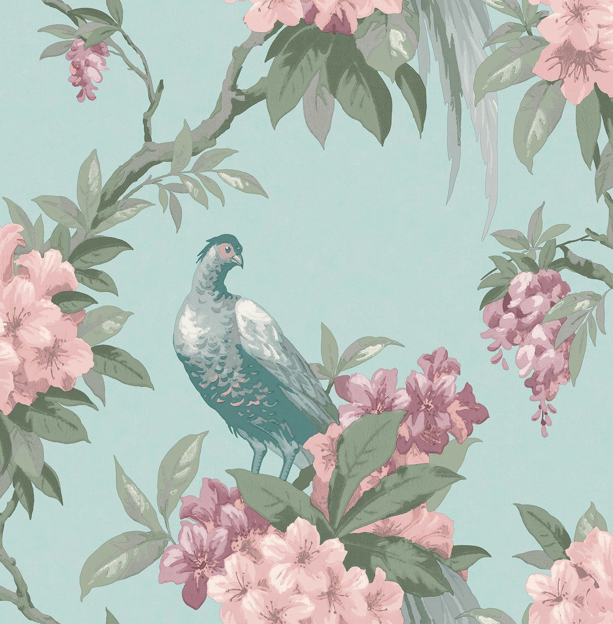 Golden Pheasant Aqua Floral Wallpaper with Botanical Bird Motif - Brewster M1663