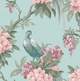 Golden Pheasant Aqua Floral Wallpaper with Botanical Bird Motif - Brewster M1663