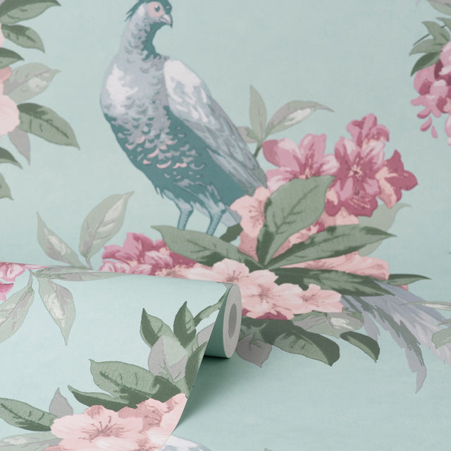 Golden Pheasant Aqua Floral Wallpaper with Botanical Bird Motif - Brewster M1663