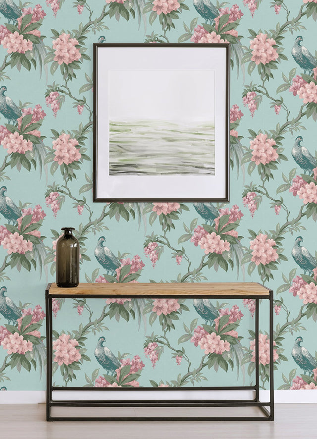 Golden Pheasant Aqua Floral Wallpaper with Botanical Bird Motif - Brewster M1663