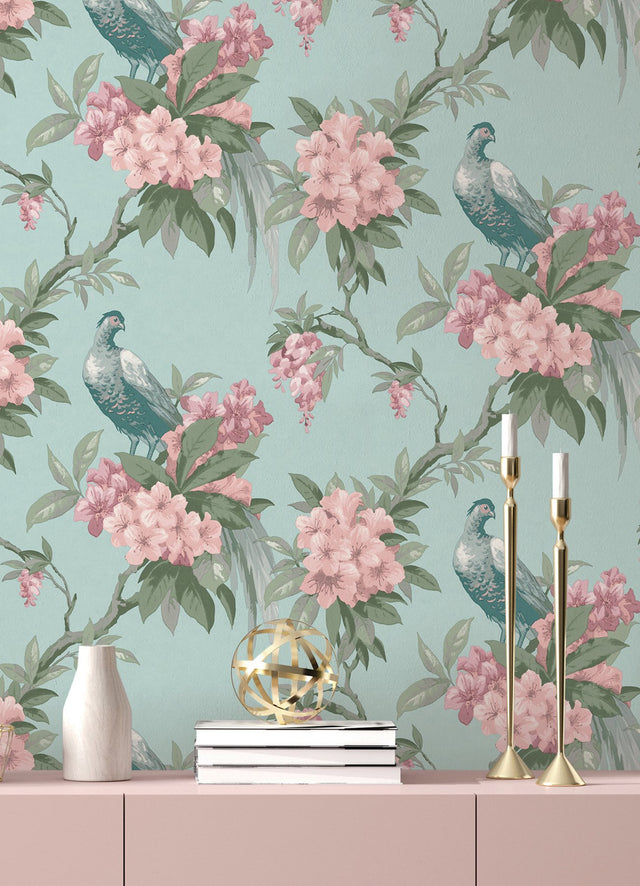 Golden Pheasant Aqua Floral Wallpaper with Botanical Bird Motif - Brewster M1663
