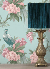 Golden Pheasant Aqua Floral Wallpaper with Botanical Bird Motif - Brewster M1663
