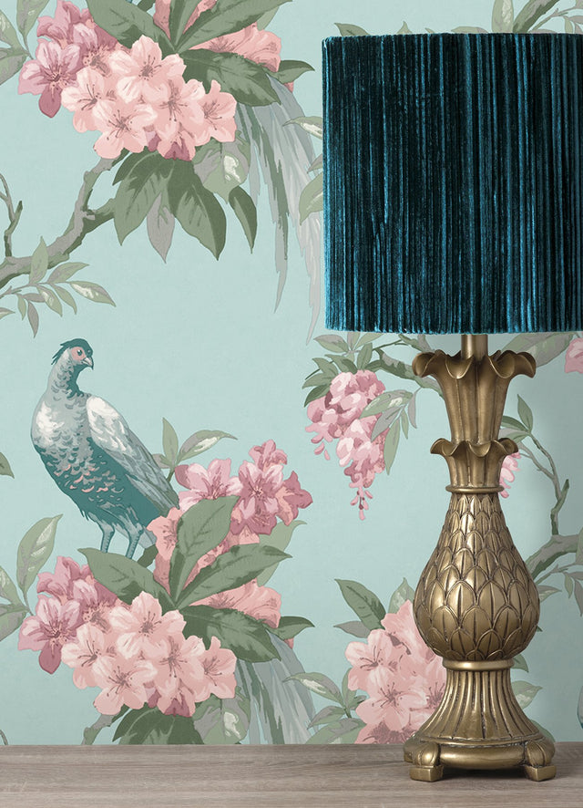 Golden Pheasant Aqua Floral Wallpaper with Botanical Bird Motif - Brewster M1663