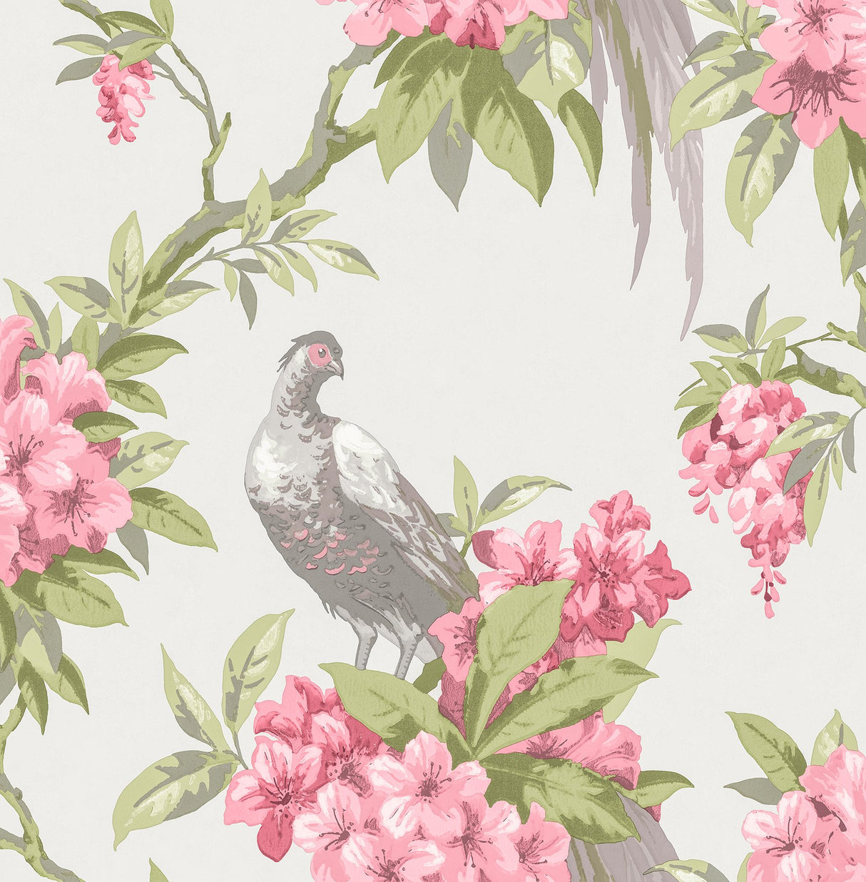 Golden Pheasant Rose Floral Wallpaper with Farmhouse Birds and Blooms - Brewster M1664