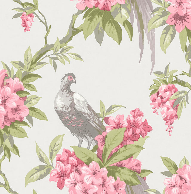 Golden Pheasant Rose Floral Wallpaper with Farmhouse Birds and Blooms - Brewster M1664