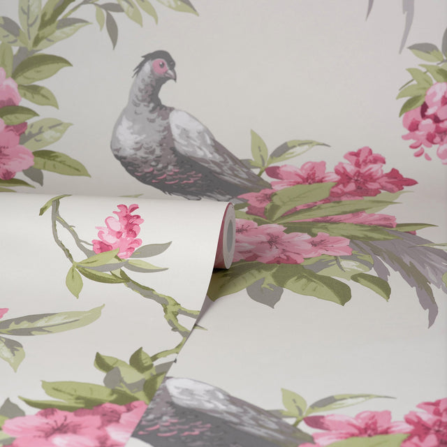 Golden Pheasant Rose Floral Wallpaper with Farmhouse Birds and Blooms - Brewster M1664