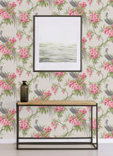 Golden Pheasant Rose Floral Wallpaper with Farmhouse Birds and Blooms - Brewster M1664