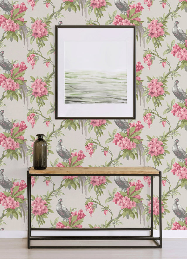 Golden Pheasant Rose Floral Wallpaper with Farmhouse Birds and Blooms - Brewster M1664