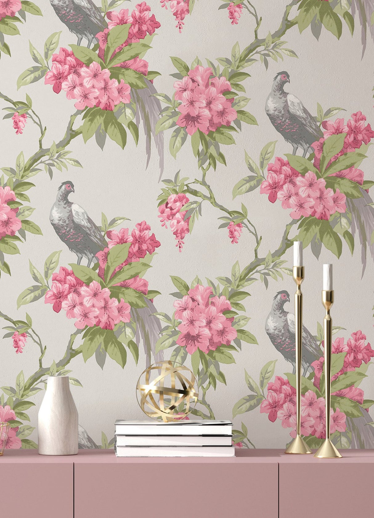 Golden Pheasant Rose Floral Wallpaper with Farmhouse Birds and Blooms - Brewster M1664