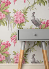 Golden Pheasant Rose Floral Wallpaper with Farmhouse Birds and Blooms - Brewster M1664