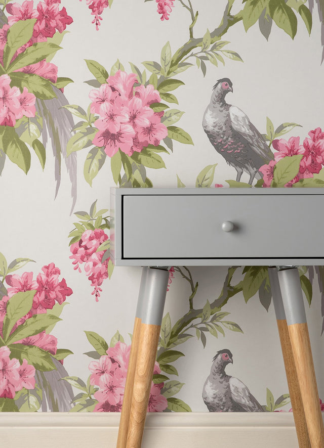 Golden Pheasant Rose Floral Wallpaper with Farmhouse Birds and Blooms - Brewster M1664
