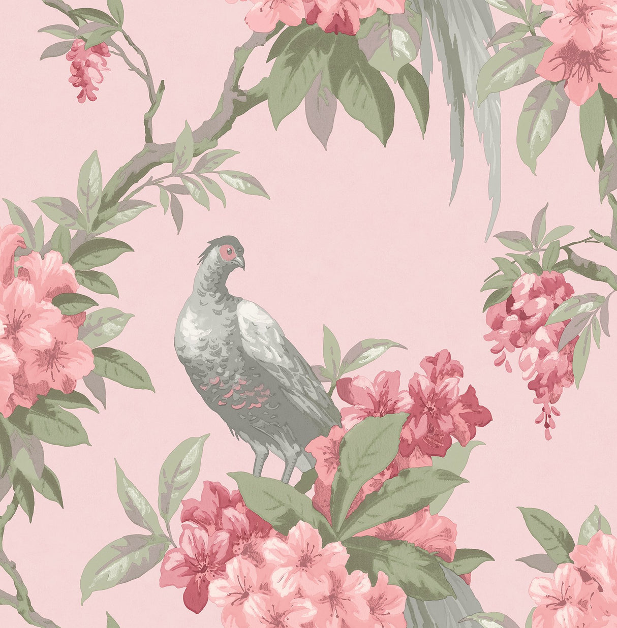 Golden Pheasant Pink Floral Wallpaper with Birds and Botanical Farmhouse Motif - Brewster M1665