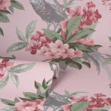 Golden Pheasant Pink Floral Wallpaper with Birds and Botanical Farmhouse Motif - Brewster M1665