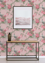 Golden Pheasant Pink Floral Wallpaper with Birds and Botanical Farmhouse Motif - Brewster M1665