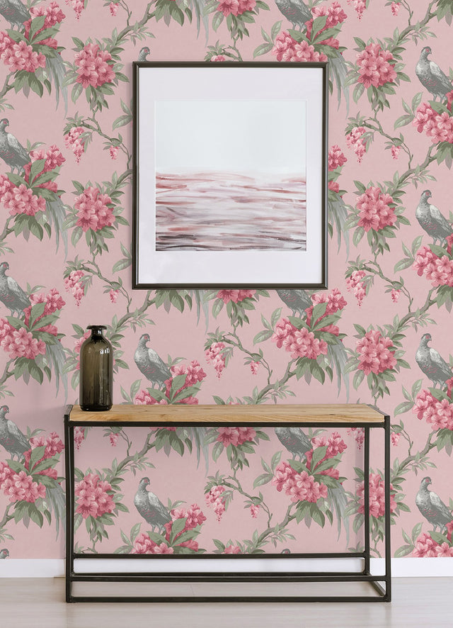 Golden Pheasant Pink Floral Wallpaper with Birds and Botanical Farmhouse Motif - Brewster M1665