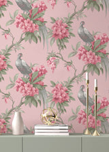 Golden Pheasant Pink Floral Wallpaper with Birds and Botanical Farmhouse Motif - Brewster M1665