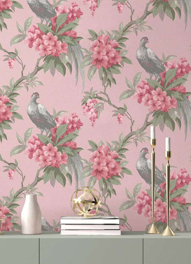 Golden Pheasant Pink Floral Wallpaper with Birds and Botanical Farmhouse Motif - Brewster M1665
