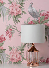 Golden Pheasant Pink Floral Wallpaper with Birds and Botanical Farmhouse Motif - Brewster M1665