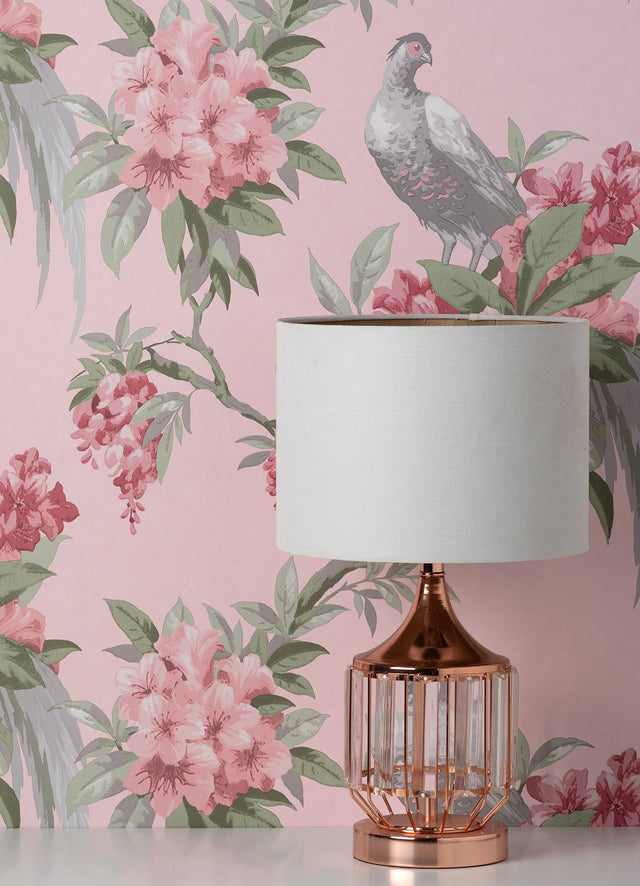 Golden Pheasant Pink Floral Wallpaper with Birds and Botanical Farmhouse Motif - Brewster M1665