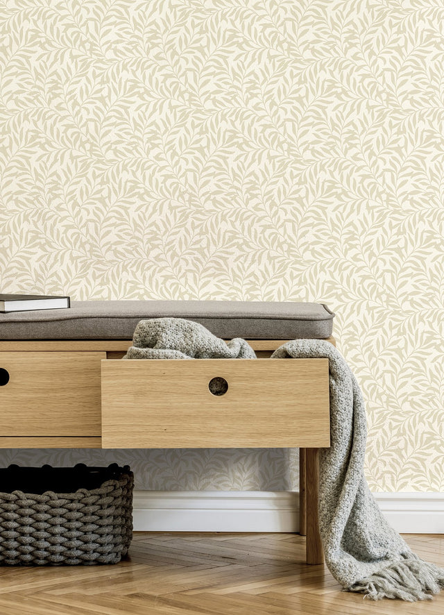 Salix Beige Leaf Wallpaper with Botanical Leaves Pattern, Traditional Unpasted Non Woven - Brewster M1668