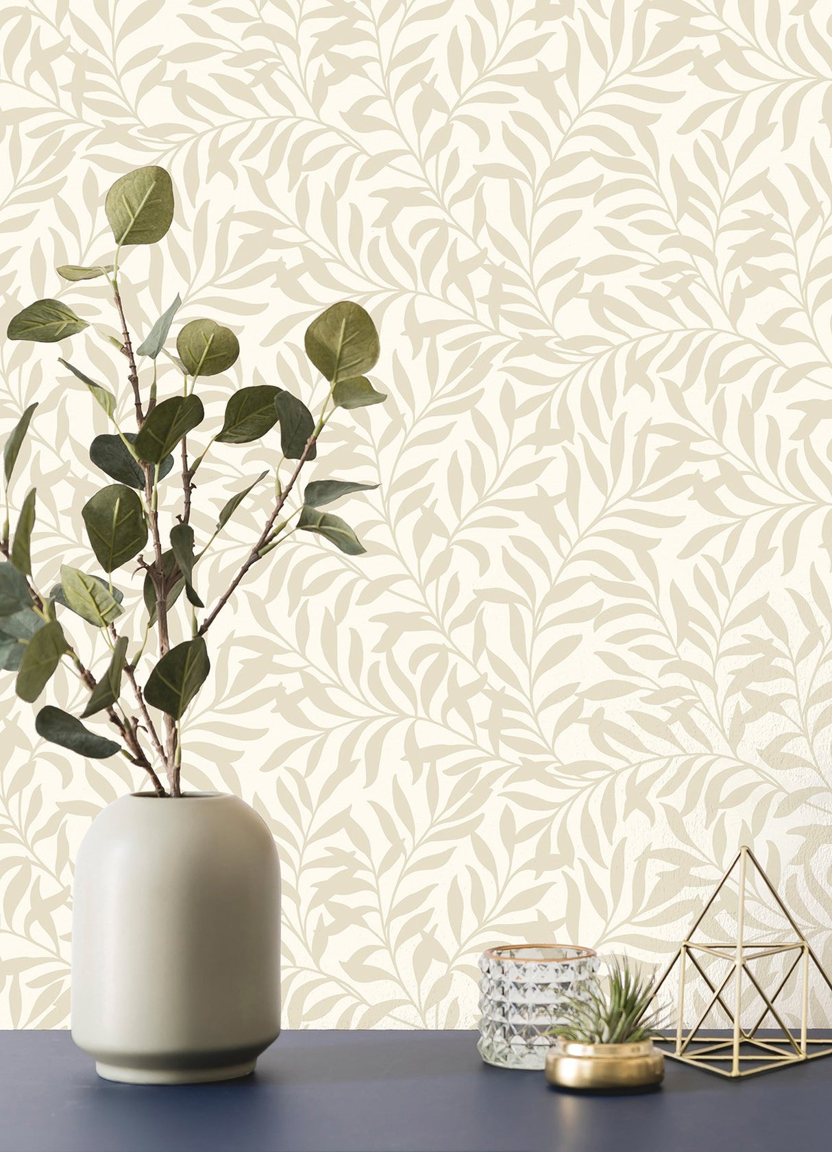 Salix Beige Leaf Wallpaper with Botanical Leaves Pattern, Traditional Unpasted Non Woven - Brewster M1668