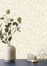 Salix Beige Leaf Wallpaper with Botanical Leaves Pattern, Traditional Unpasted Non Woven - Brewster M1668