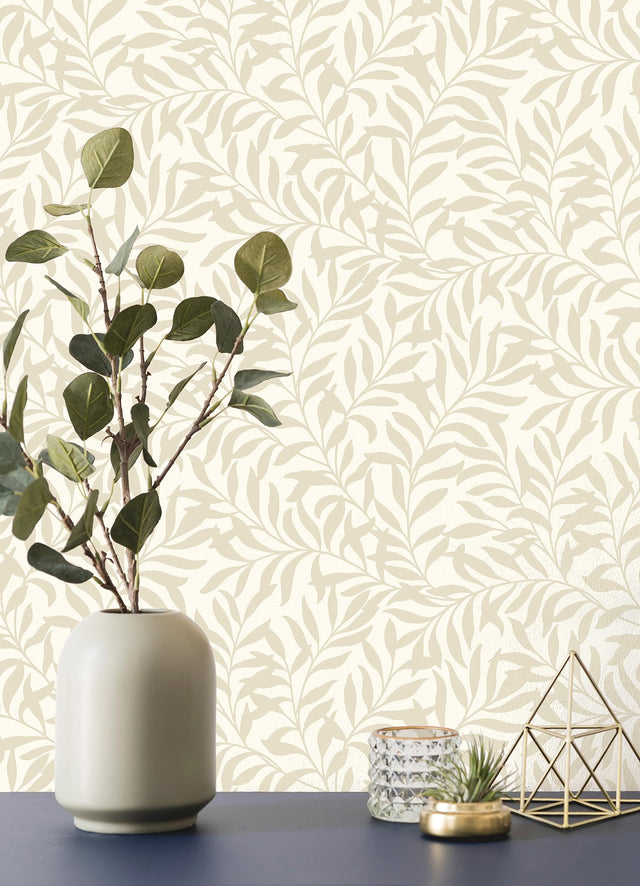Salix Beige Leaf Wallpaper with Botanical Leaves Pattern, Traditional Unpasted Non Woven - Brewster M1668