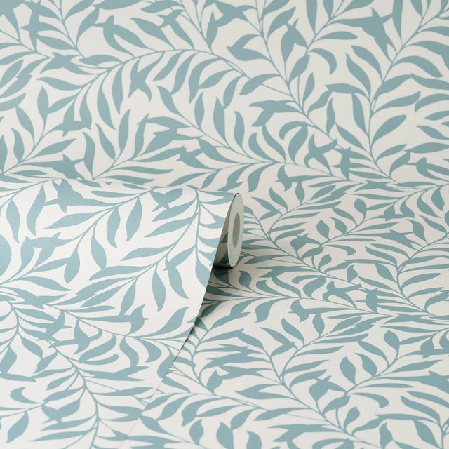 Salix Light Blue Leaf Wallpaper with Botanical Leaves Pattern, Traditional Unpasted Non Woven - Brewster M1669