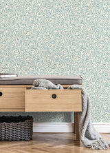 Salix Light Blue Leaf Wallpaper with Botanical Leaves Pattern, Traditional Unpasted Non Woven - Brewster M1669