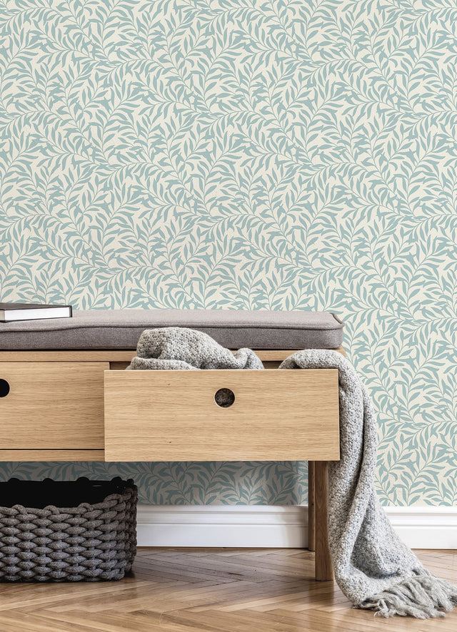 Salix Light Blue Leaf Wallpaper with Botanical Leaves Pattern, Traditional Unpasted Non Woven - Brewster M1669