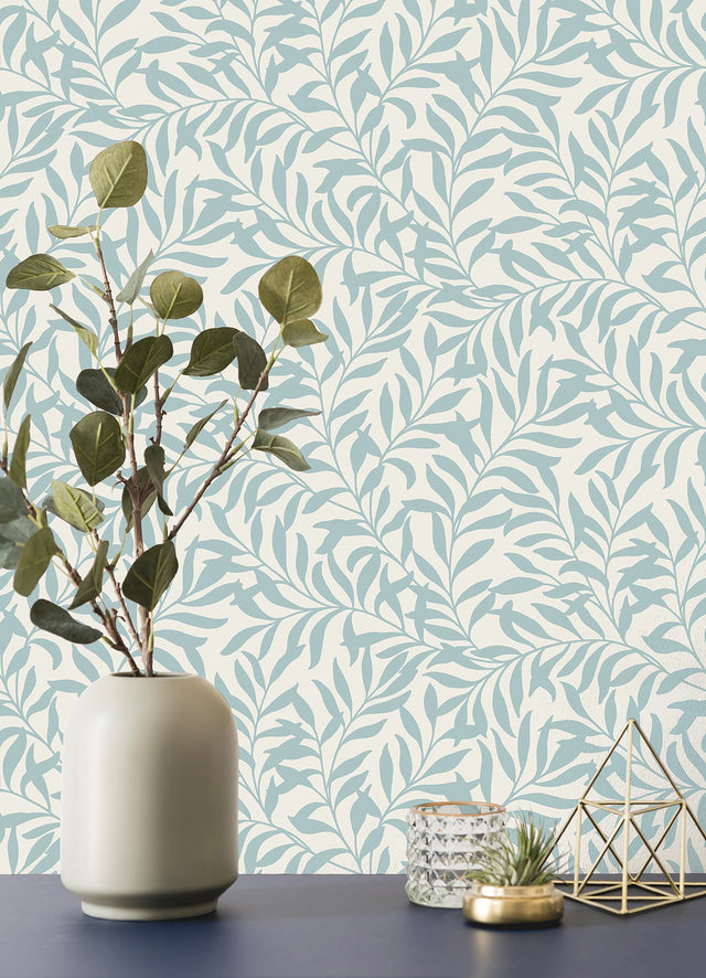 Salix Light Blue Leaf Wallpaper with Botanical Leaves Pattern, Traditional Unpasted Non Woven - Brewster M1669