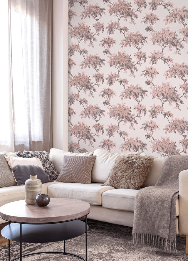 Ashdown Pink Tree Wallpaper with Botanical Trees Pattern, Modern Unpasted Non Woven - Brewster M1670