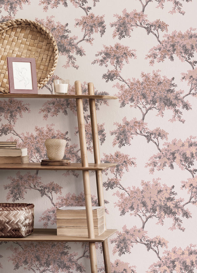 Ashdown Pink Tree Wallpaper with Botanical Trees Pattern, Modern Unpasted Non Woven - Brewster M1670