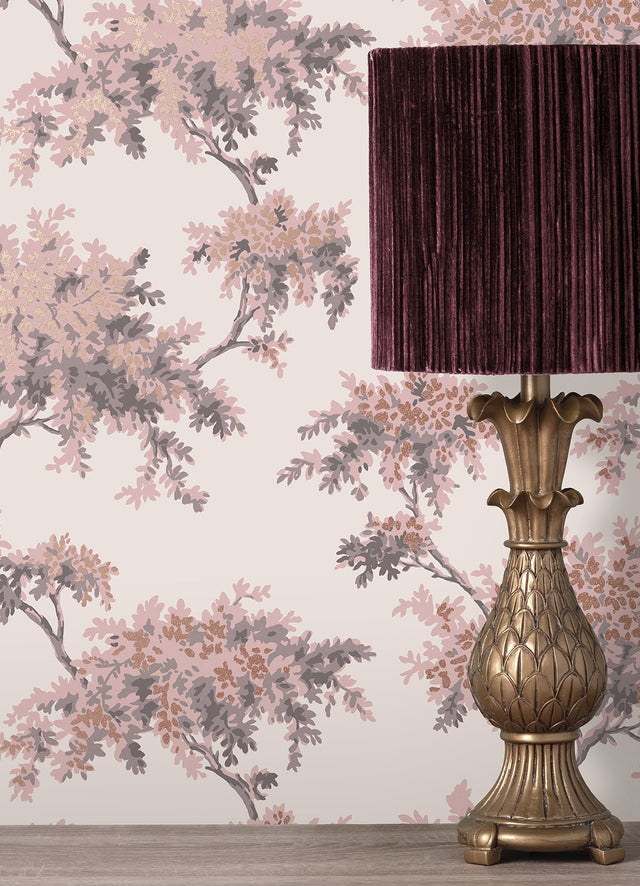 Ashdown Pink Tree Wallpaper with Botanical Trees Pattern, Modern Unpasted Non Woven - Brewster M1670