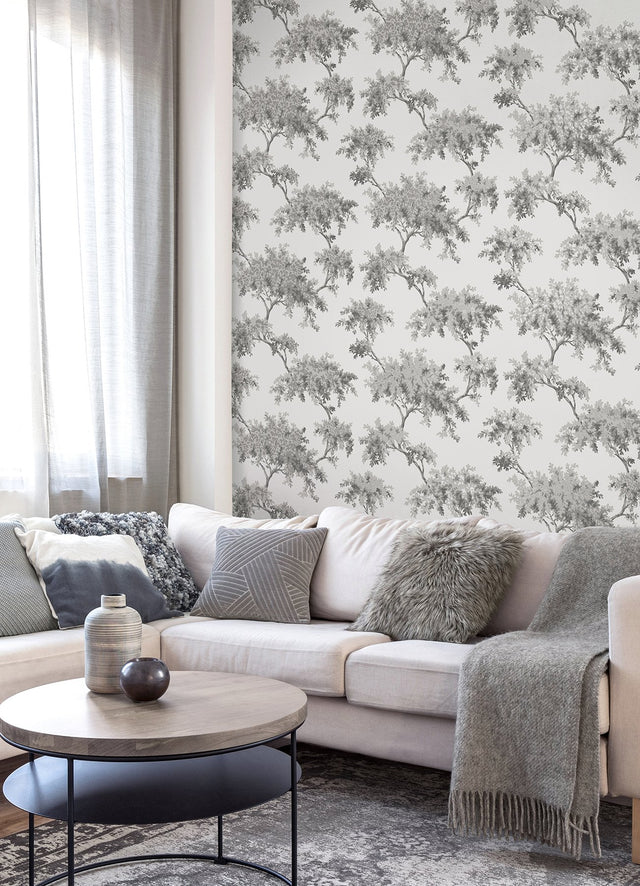 Ashdown Grey Tree Wallpaper with Modern Botanical Trees Pattern - Brewster M1671