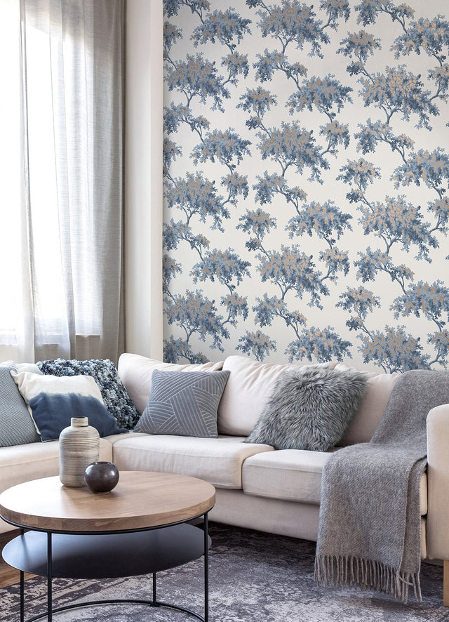 Ashdown Dark Blue Tree Wallpaper with Botanical Trees Pattern, Modern Unpasted Non Woven - Brewster M1672