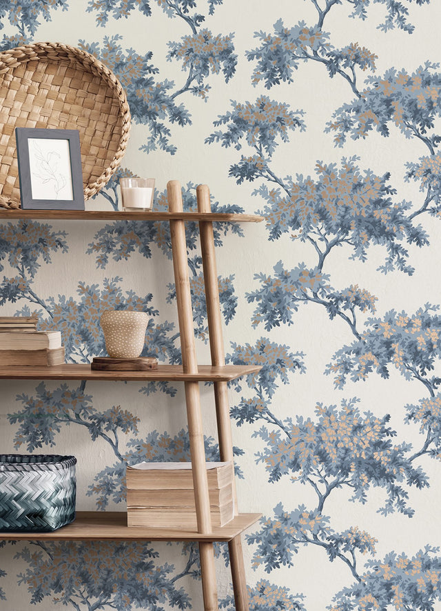 Ashdown Dark Blue Tree Wallpaper with Botanical Trees Pattern, Modern Unpasted Non Woven - Brewster M1672