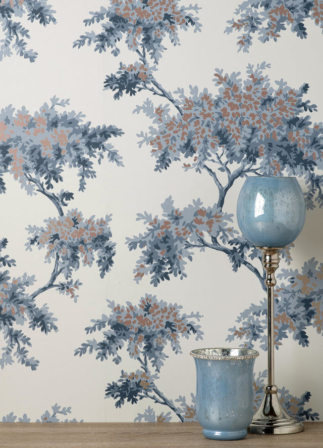 Ashdown Dark Blue Tree Wallpaper with Botanical Trees Pattern, Modern Unpasted Non Woven - Brewster M1672