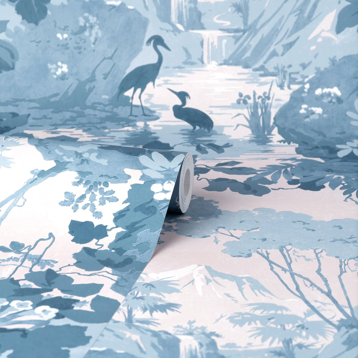 Eeden Blue Crane Lagoon Blue Wallpaper with Botanical Feature Wall Pattern - Brewster M1675