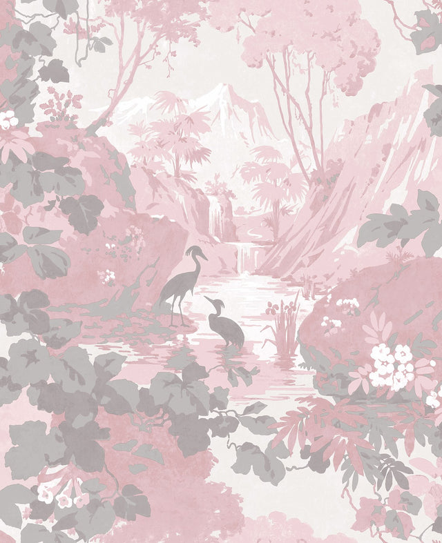 Eeden Pink Crane Lagoon Wallpaper with Botanical Birds Mural - Brewster M1676