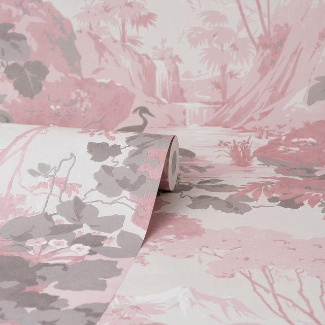 Eeden Pink Crane Lagoon Wallpaper with Botanical Birds Mural - Brewster M1676