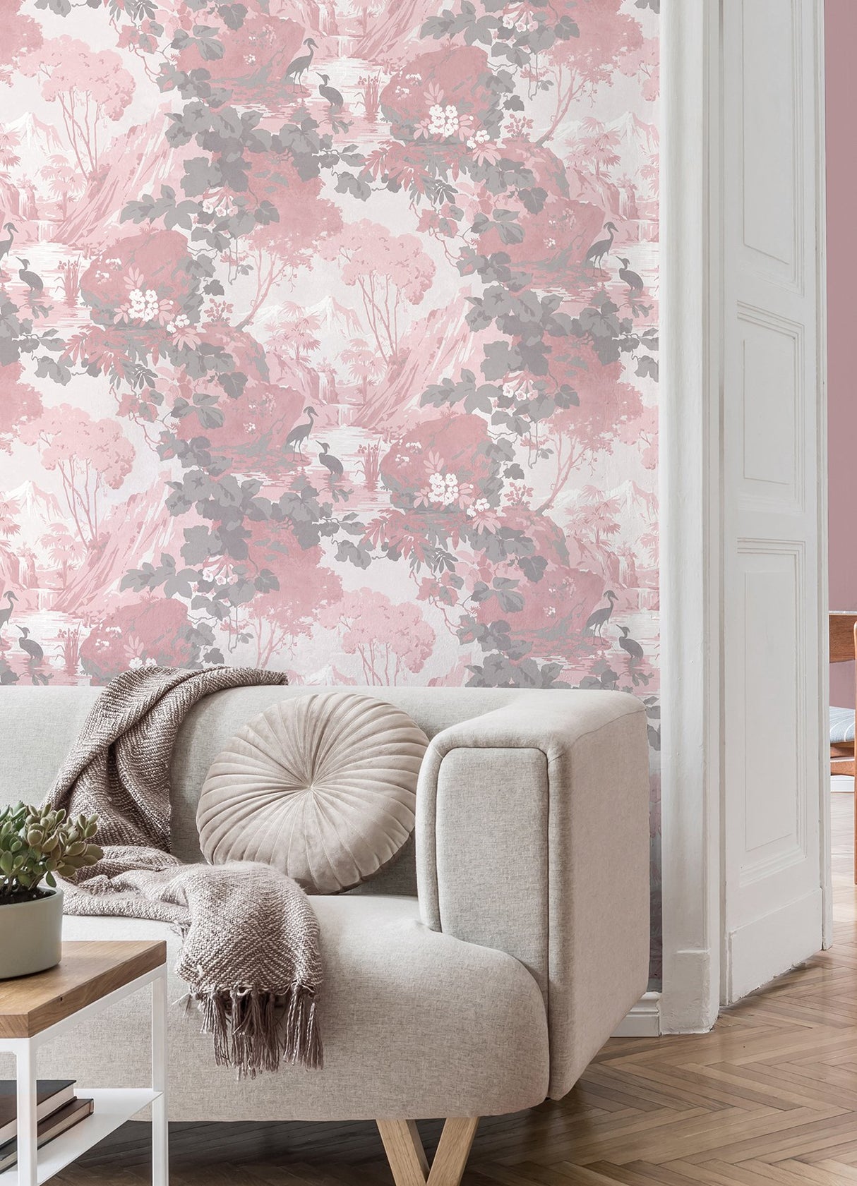 Eeden Pink Crane Lagoon Wallpaper with Botanical Birds Mural - Brewster M1676