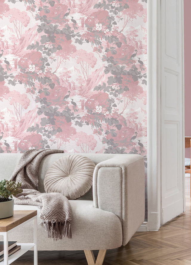 Eeden Pink Crane Lagoon Wallpaper with Botanical Birds Mural - Brewster M1676