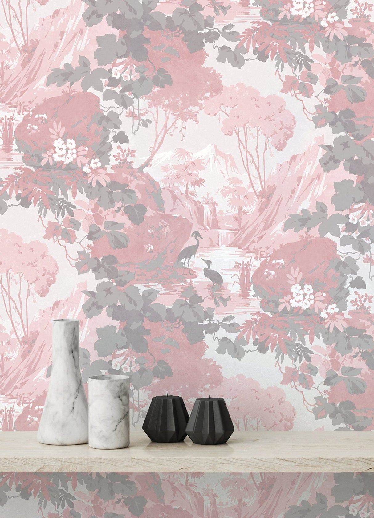 Eeden Pink Crane Lagoon Wallpaper with Botanical Birds Mural - Brewster M1676