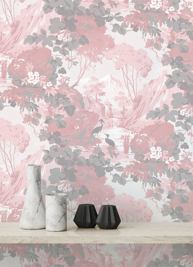 Eeden Pink Crane Lagoon Wallpaper with Botanical Birds Mural - Brewster M1676