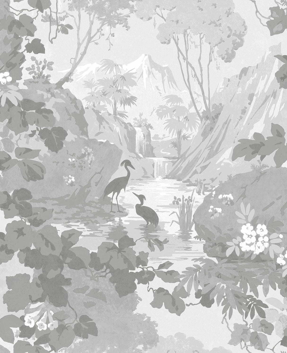 Eeden Grey Crane Lagoon Wallpaper with Botanical Birds Feature Wall - Brewster M1677