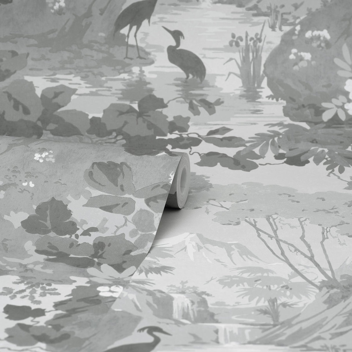 Eeden Grey Crane Lagoon Wallpaper with Botanical Birds Feature Wall - Brewster M1677
