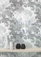 Eeden Grey Crane Lagoon Wallpaper with Botanical Birds Feature Wall - Brewster M1677