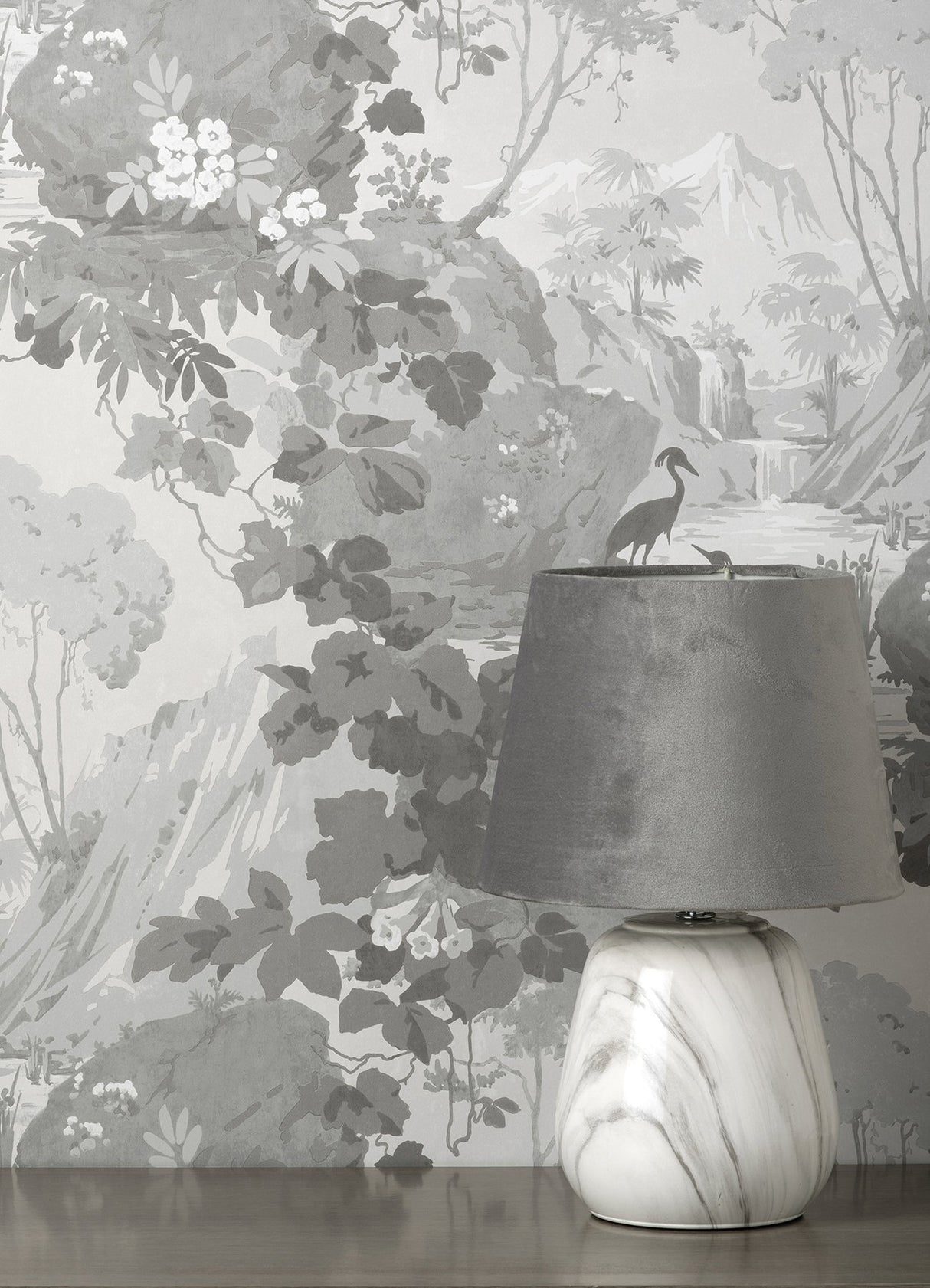 Eeden Grey Crane Lagoon Wallpaper with Botanical Birds Feature Wall - Brewster M1677
