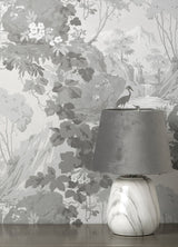 Eeden Grey Crane Lagoon Wallpaper with Botanical Birds Feature Wall - Brewster M1677